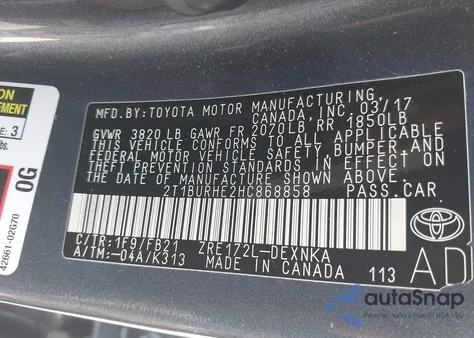 2017 Toyota Corolla L/Le/Xle/Se/50Th Anniversary Special Edition/Xse z USA, uszkodzony, nr VIN 2T1BURHE2HC868858